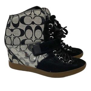 Coach Women's Black Gray Signature Print Wedged Heeled Ankle Boots Size 9.5